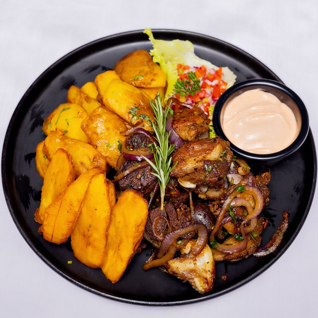 GOATS MEAT WITH ACCOMPANIMENTS (POTATO WEDGES)